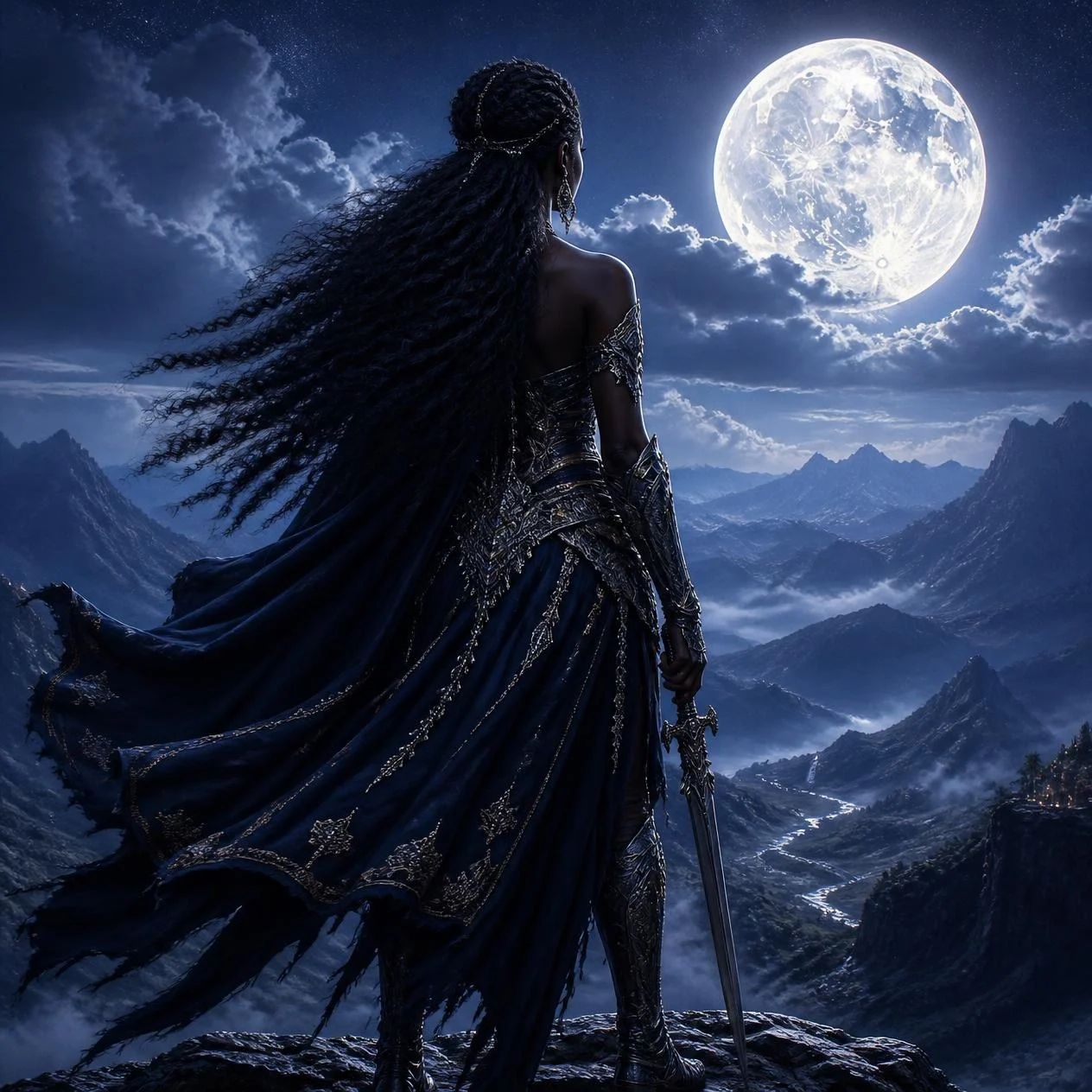 A warrior woman with flowing braids stands atop a mountain ridge, sword in hand, beneath a vast full moon — fan art for Silent Is The Sword