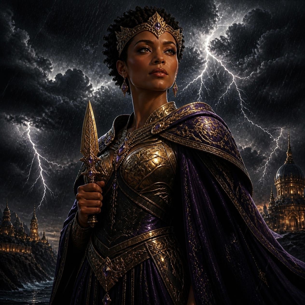 Warrior queen beneath a stormy lightning sky — Forged By Lightening